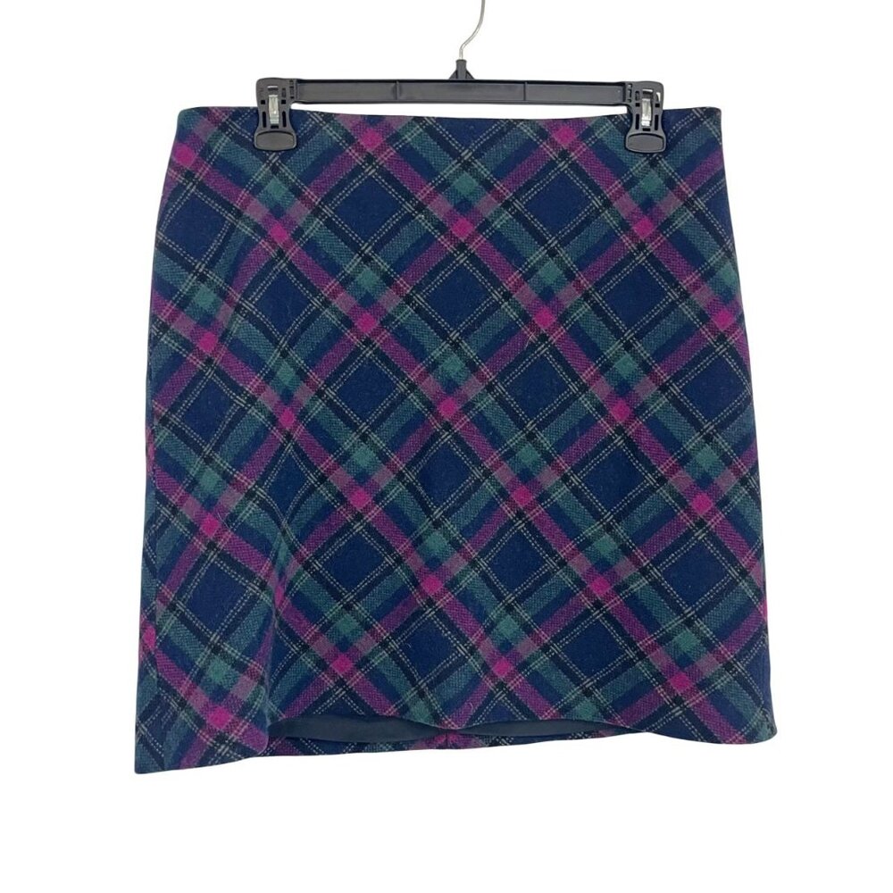 Talbots Navy Blue & Purple Plaid Wool Blend Pencil Skirt - Women's Size 14
